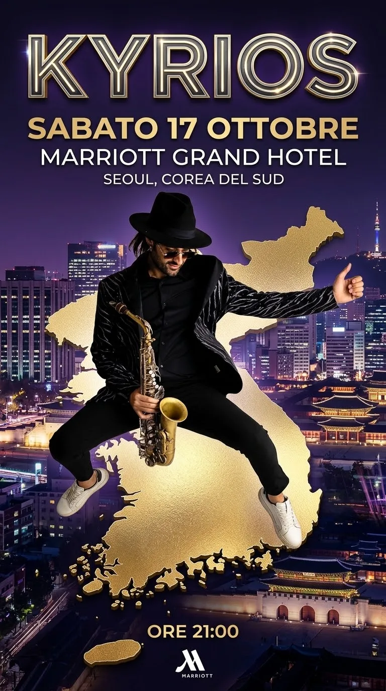 Ciro Serrapica in salto con il sax contralto, cappello nero e giacca lavorata, davanti allo skyline notturno di Seoul